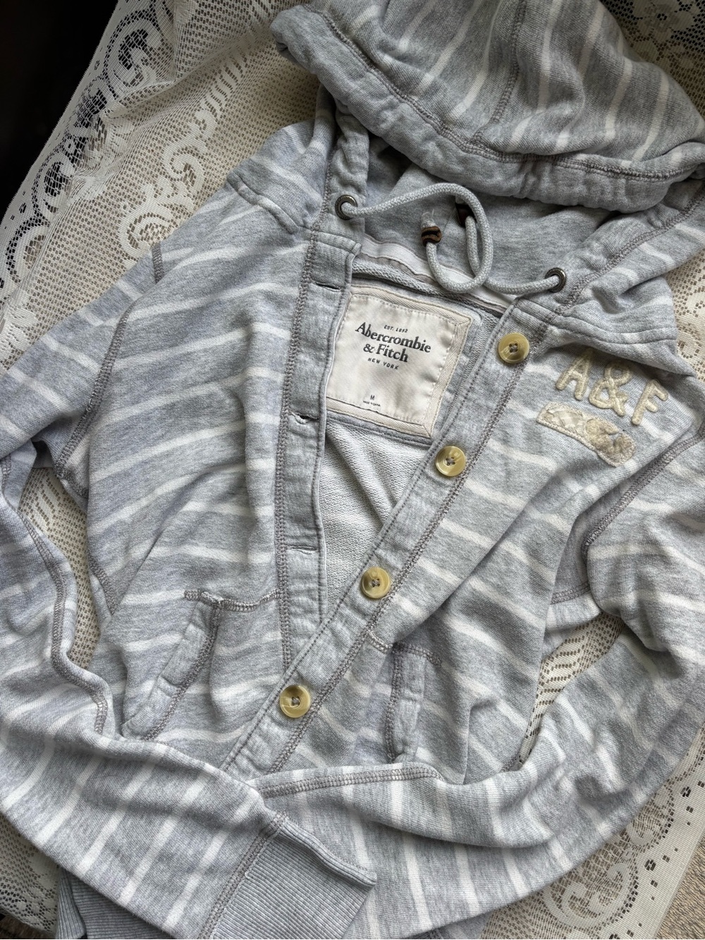 gray striped Abercrombie hooded button up